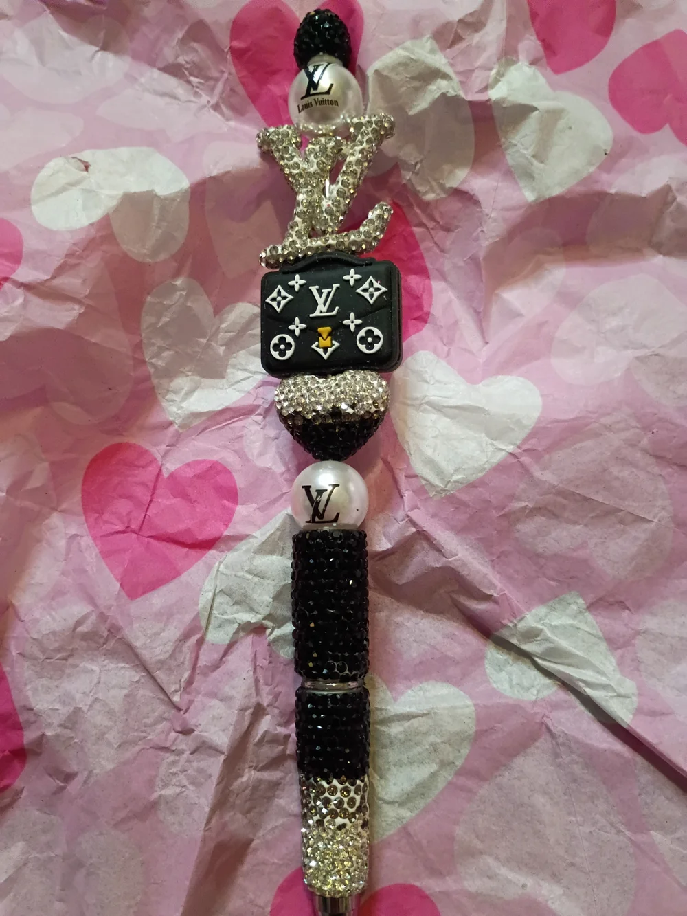 Black and Crystal Logo Charm Beaded Pen Accessory